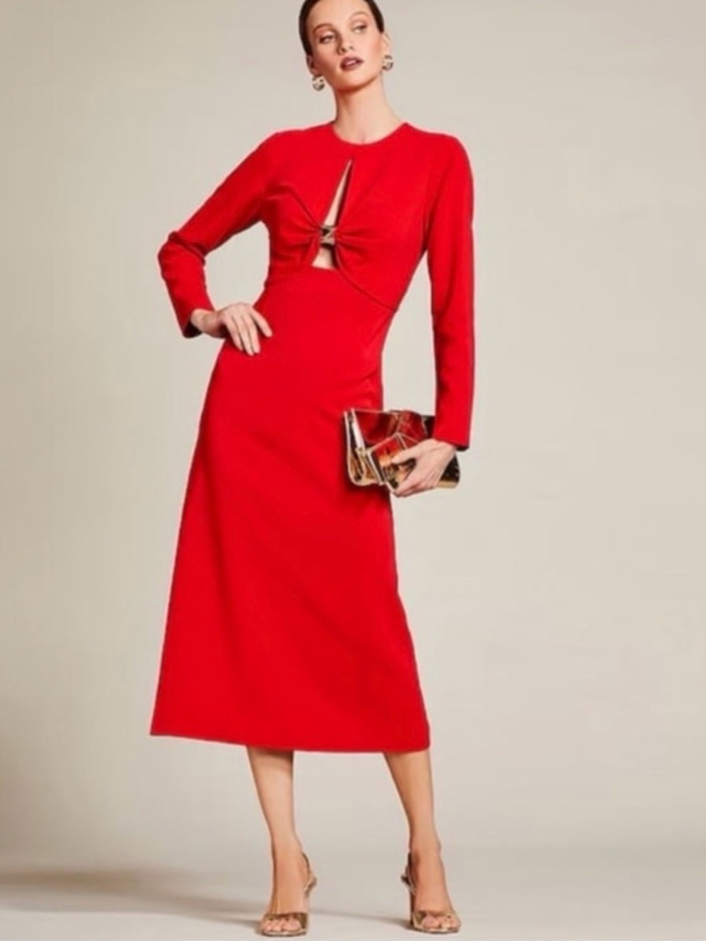 ANTONIO MELANI Red Long Sleeve Twist-Front Midi Dress - Picture 2 of 8